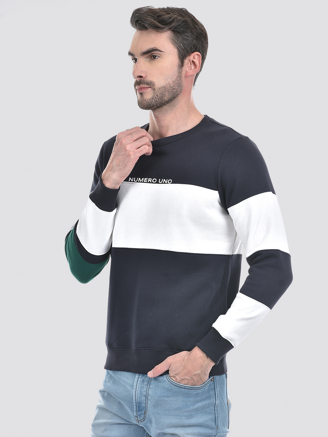 Numero Uno Men Blue Color Block Round Neck Brushed Fleece Sweatshirt